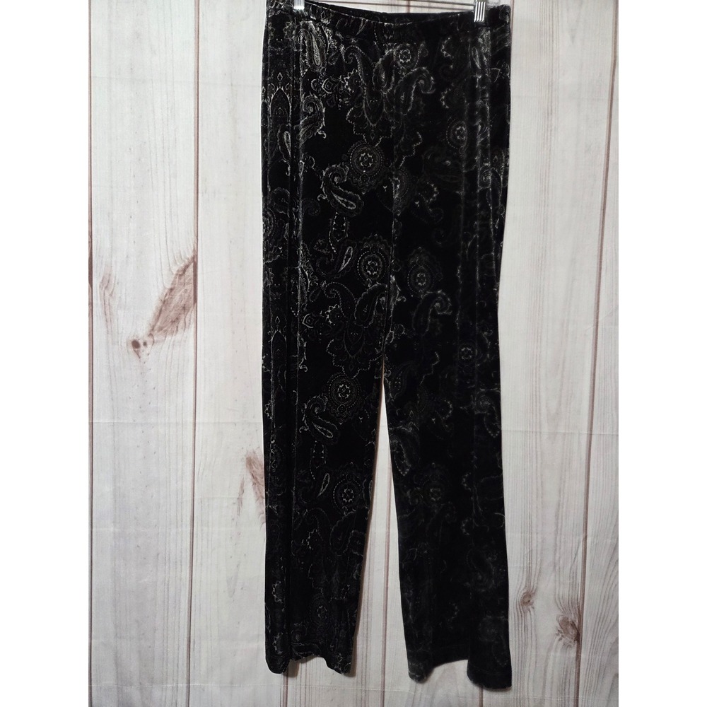Chico's Black Silver Paisley Velvet Pull On Pants Size 1 Medium Straight Leg